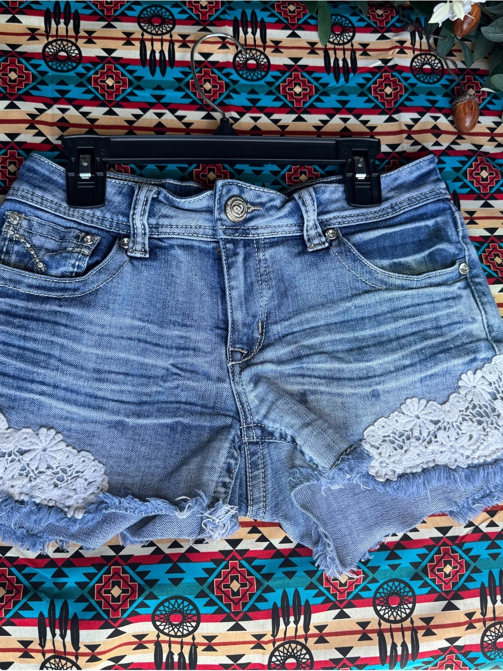 Shyanne Light Blue Denim Shorts with White Lace Trim